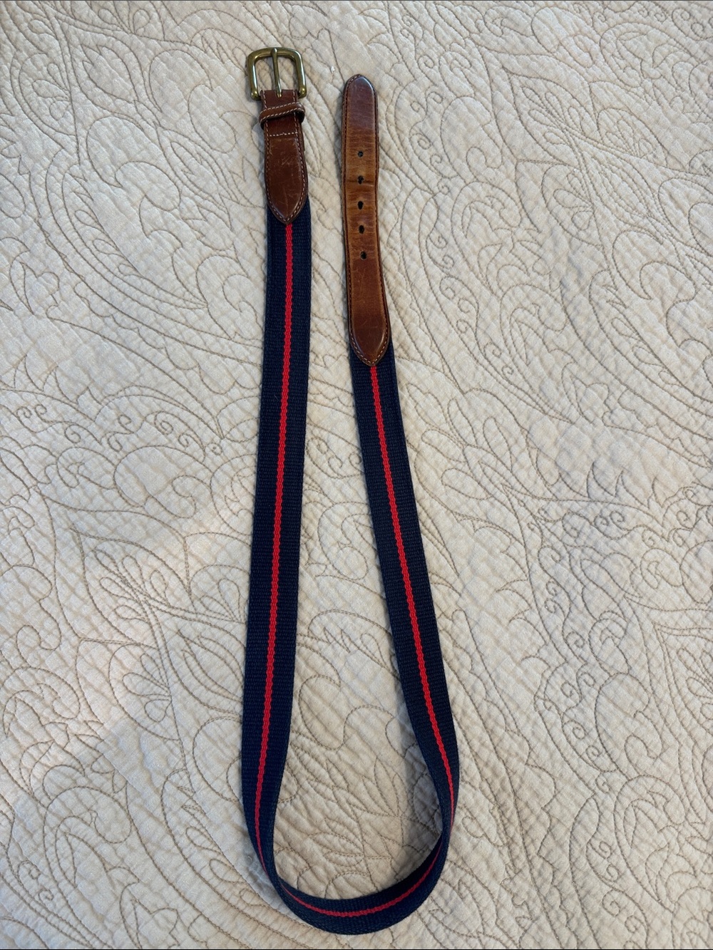 Orvis Navy‎ Red Webbing Belt Brown Leather Trim Brass Buckle Casual Accessory